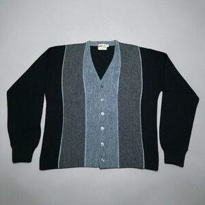 Vintage 50s Large Grant Crest Knit Black Gray Button Cardigan Sweater